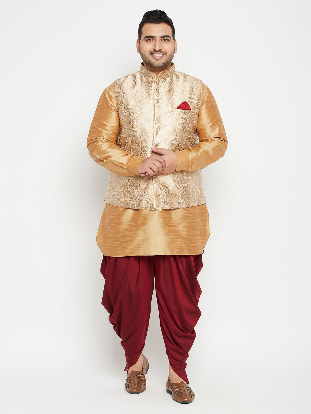 Men's Plus Size Rose Gold Brocade Silk Blend Jacket Kurta Dhoti Pant Set