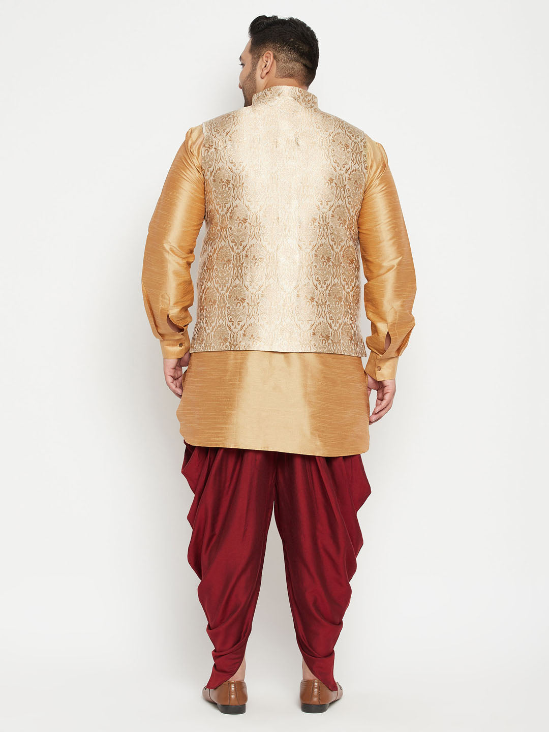 Men's Plus Size Rose Gold Brocade Silk Blend Jacket Kurta Dhoti Pant Set