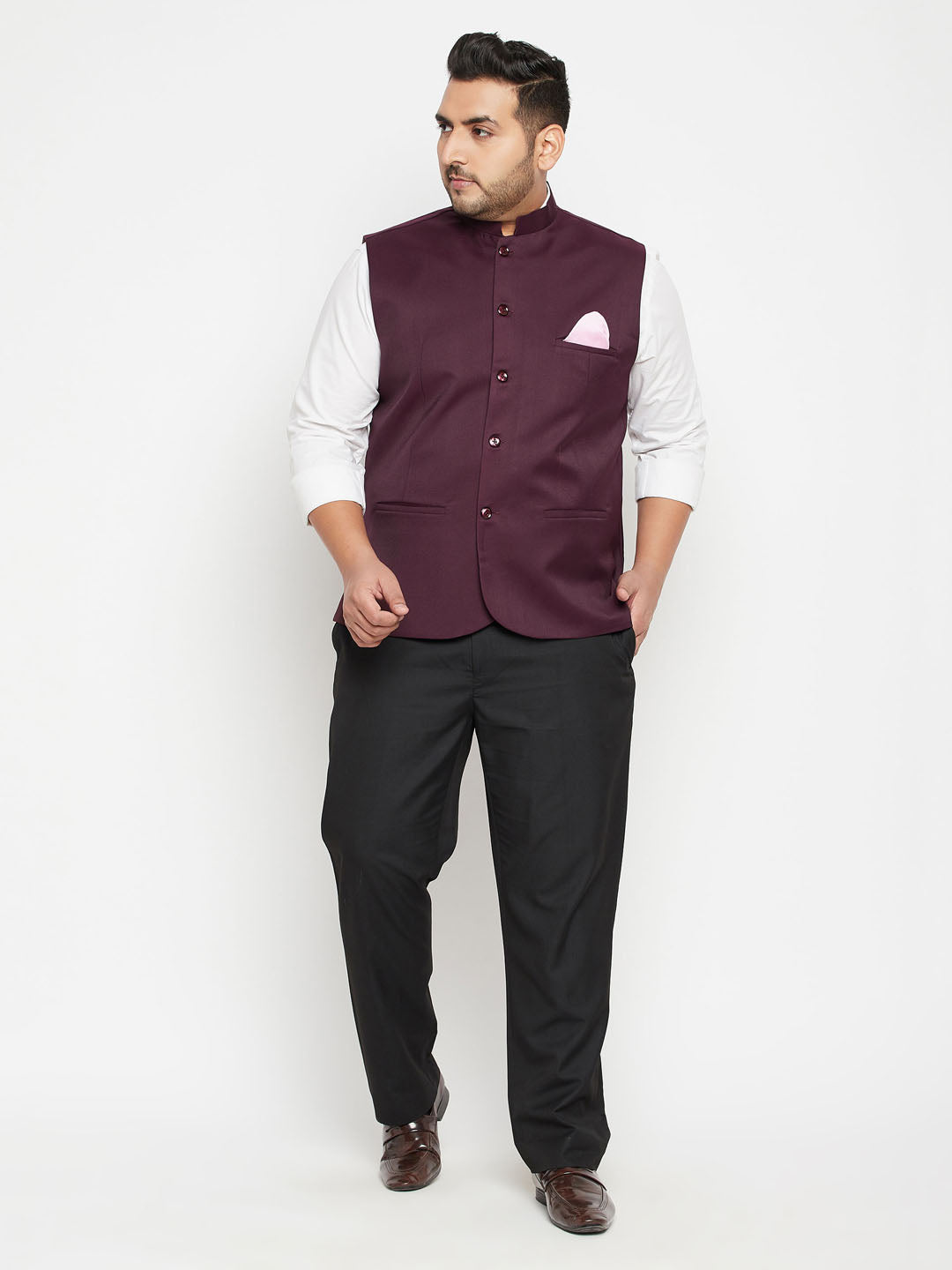 Men's Plus Size Maroon Cotton Blend Nehru Jacket
