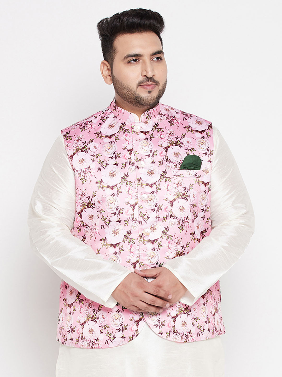 Men's Plus Size Pink Floral Print Silk Blend Nehru Jacket