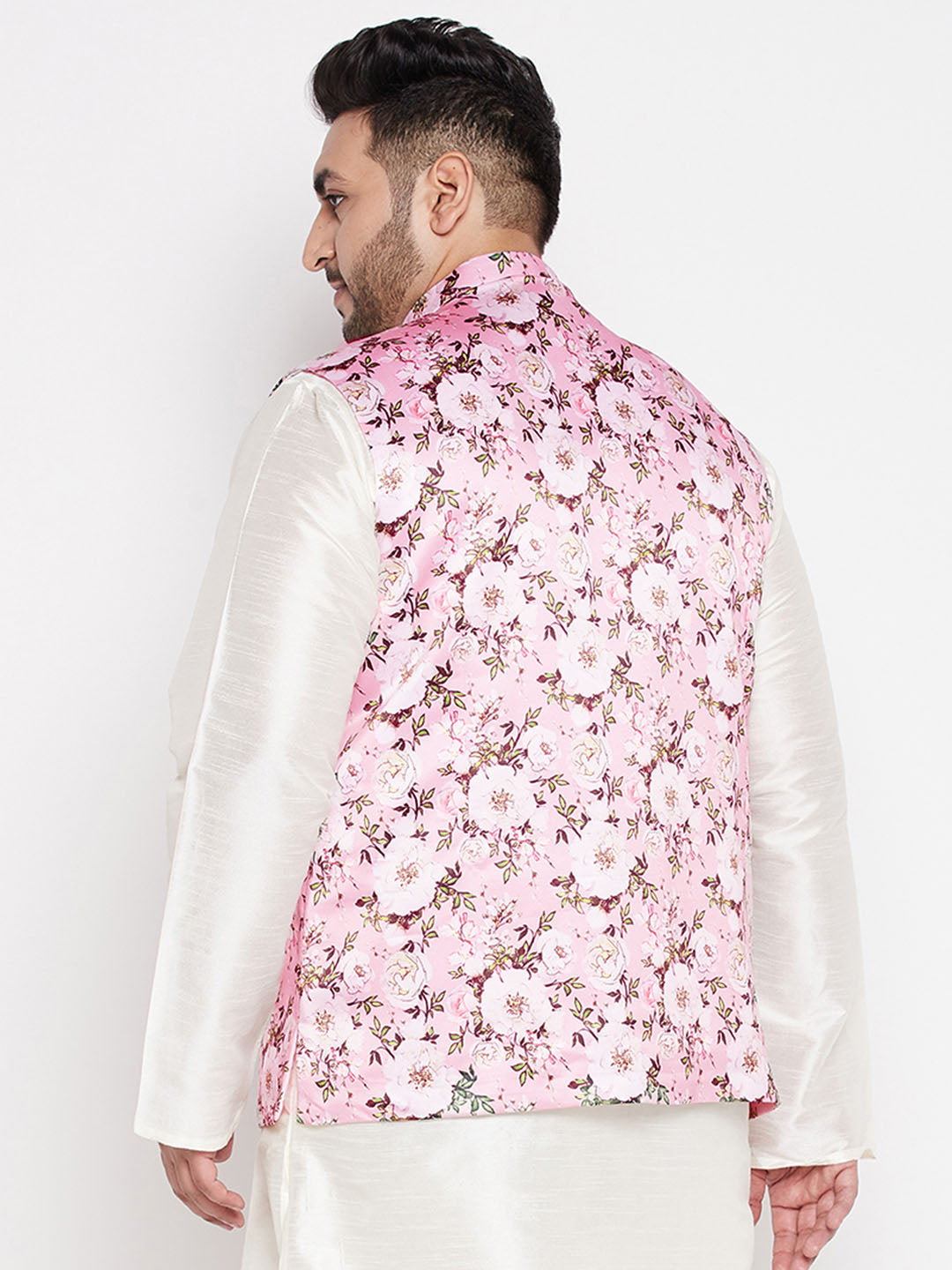 Men's Plus Size Pink Floral Print Silk Blend Nehru Jacket