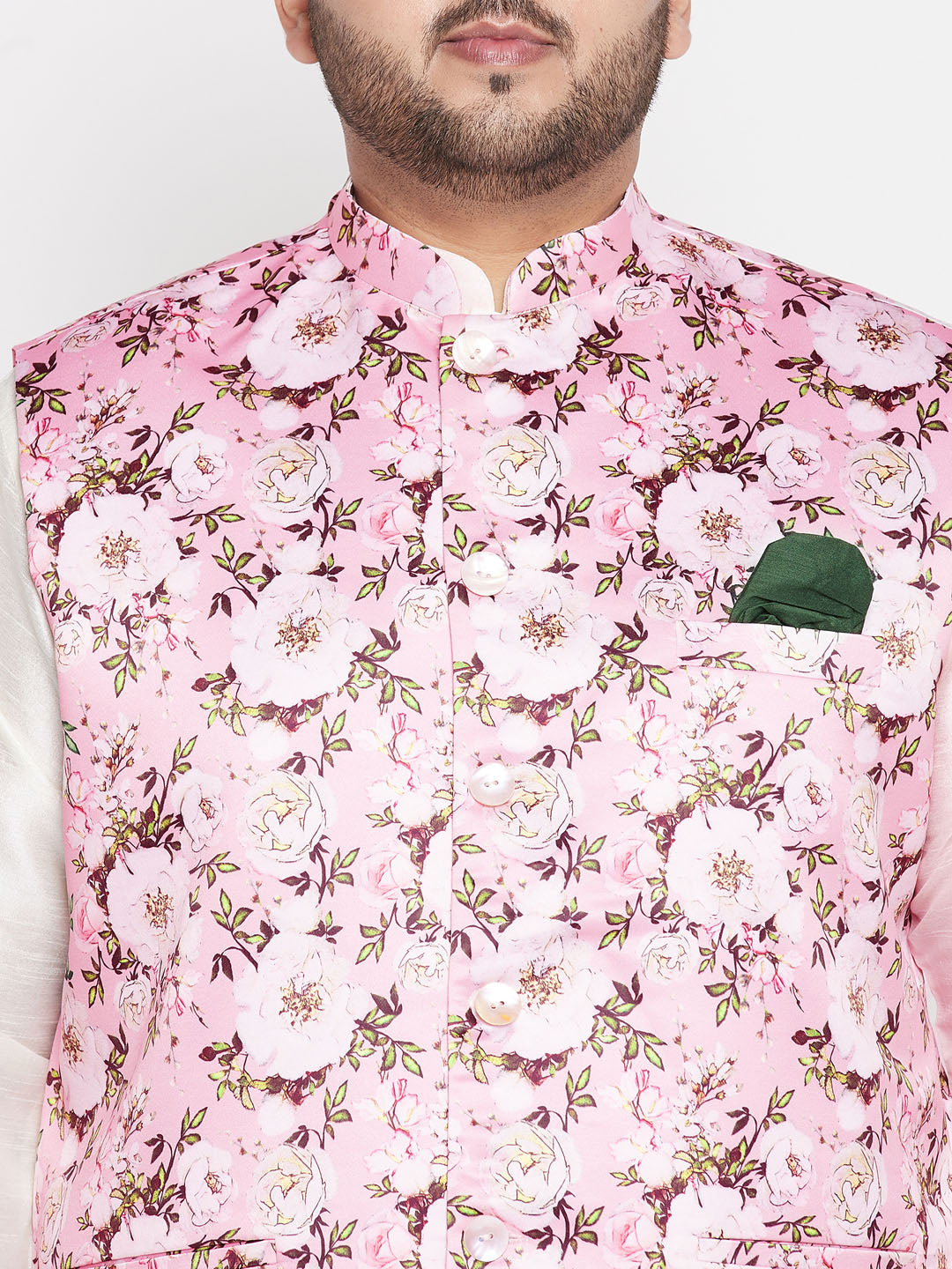 Men's Plus Size Pink Floral Print Silk Blend Nehru Jacket