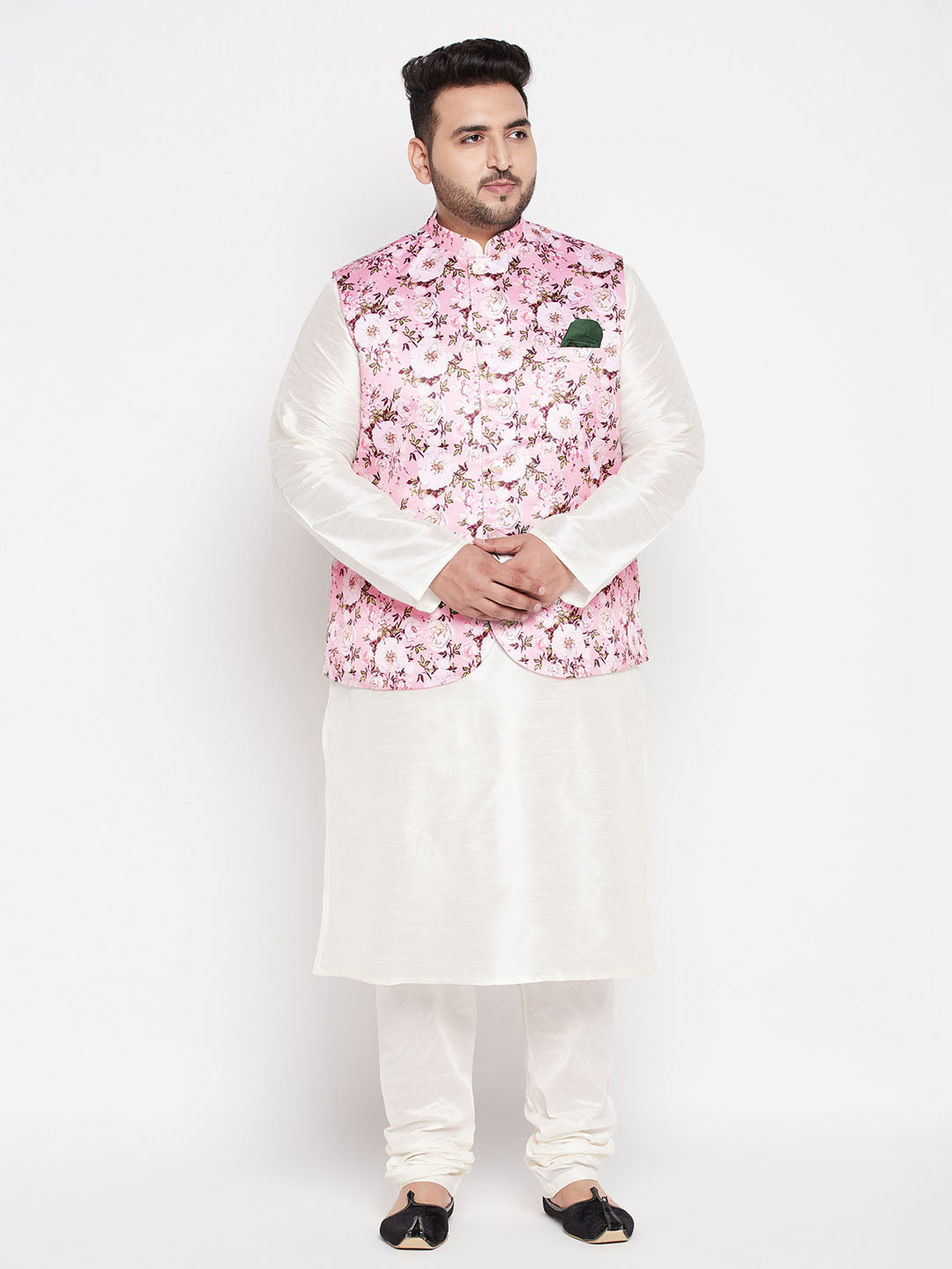 Men's Plus Size Pink Floral Print Silk Blend Nehru Jacket