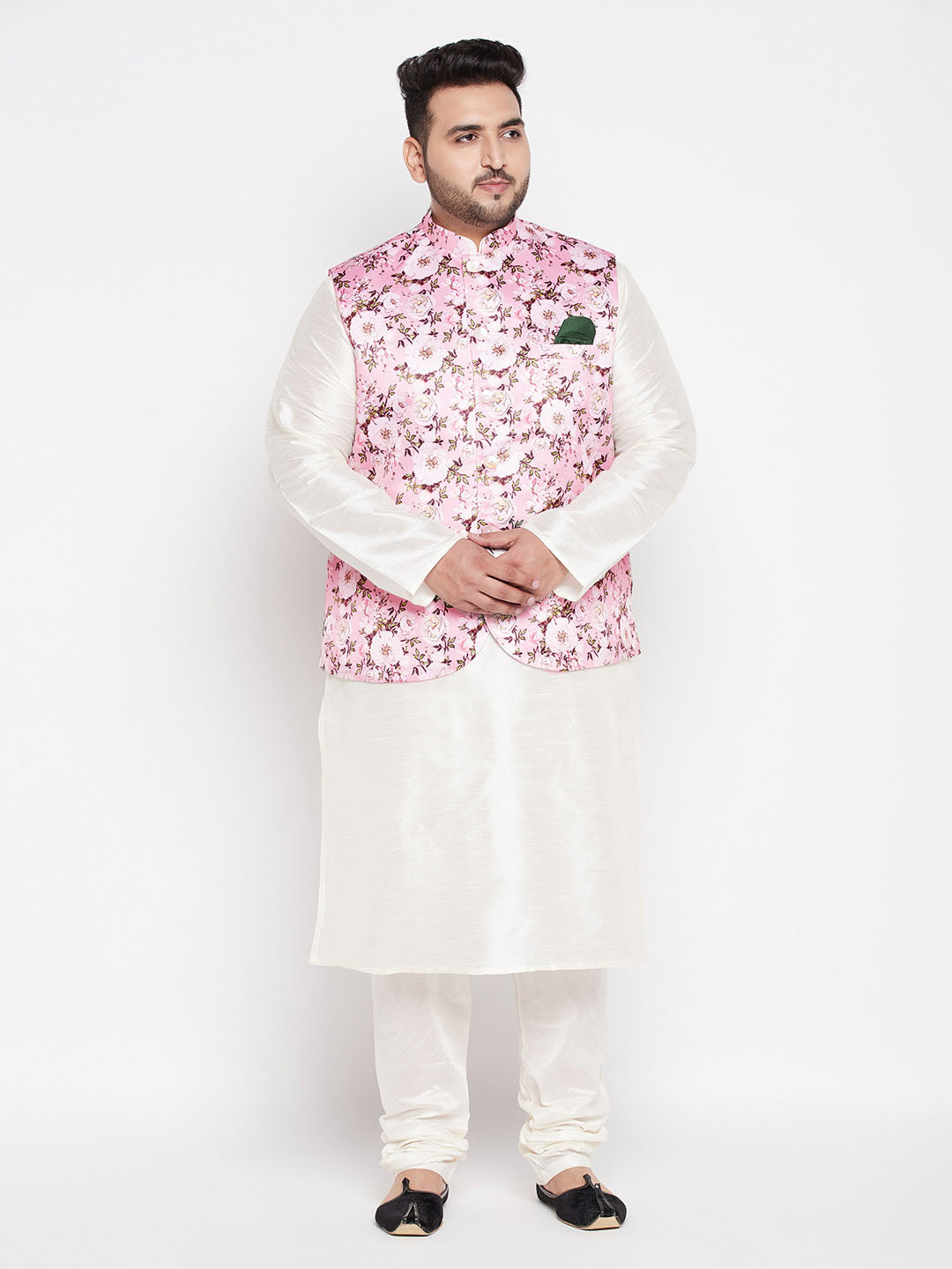 Men's Plus Size Pink Floral Printed Jacket With Cream Solid Kurta Pyjama Set