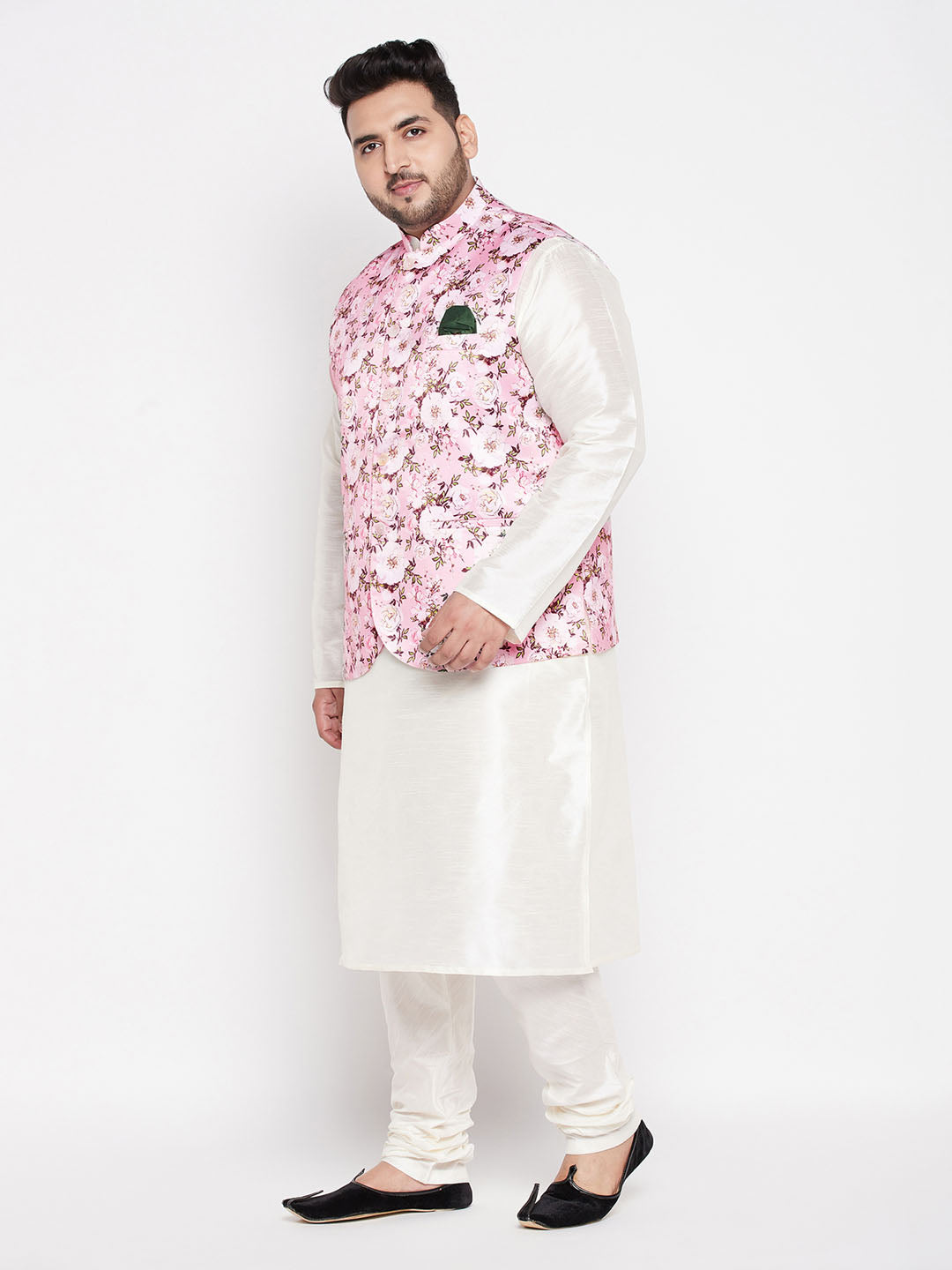 Men's Plus Size Pink Floral Printed Jacket With Cream Solid Kurta Pyjama Set