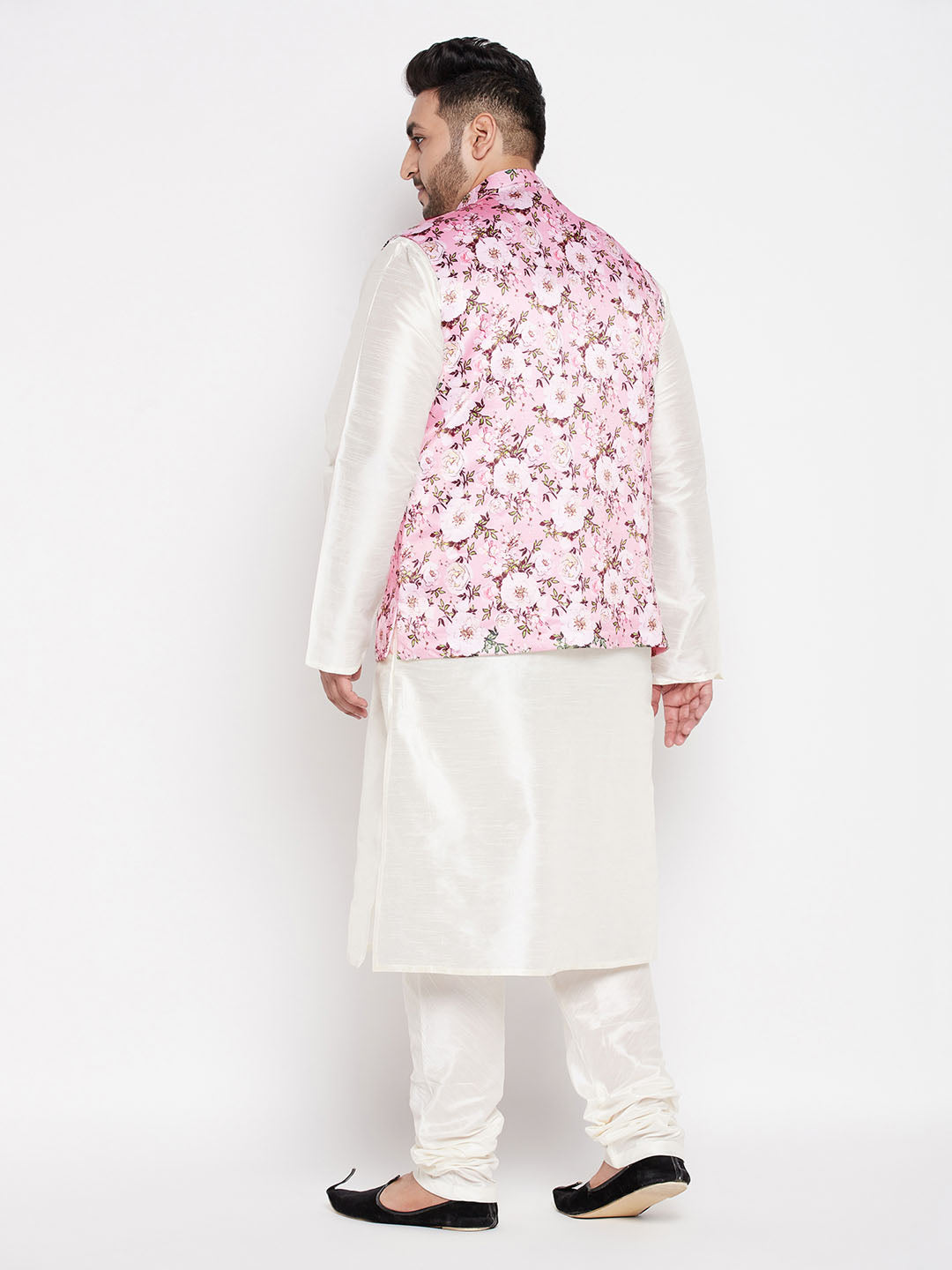 Men's Plus Size Pink Floral Printed Jacket With Cream Solid Kurta Pyjama Set