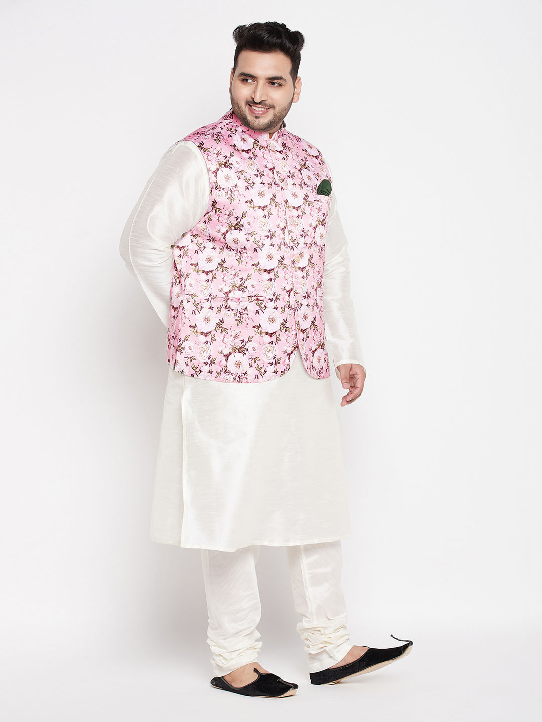 Men's Plus Size Pink Floral Printed Jacket With Cream Solid Kurta Pyjama Set