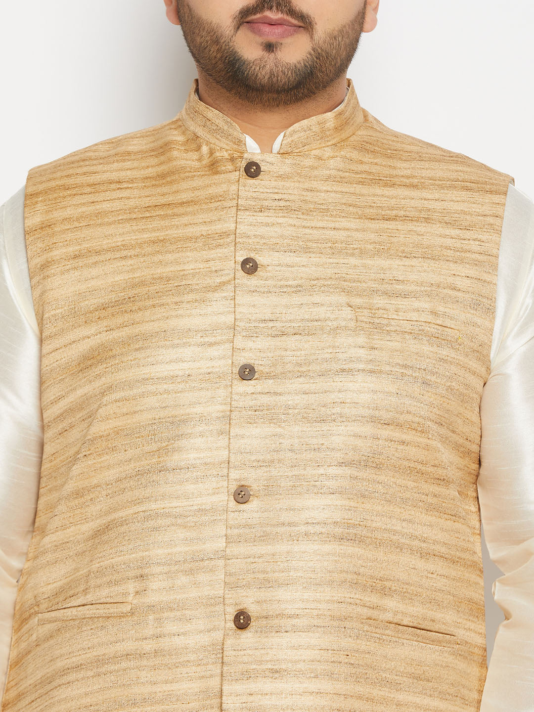 Men's Plus Size Beige Matka Silk Nehru Jacket With Cream Silk Blend Kurta Andpant Style Pyjama Set