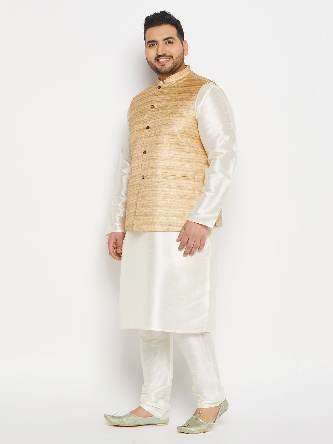 Men's Plus Size Beige Matka Silk Nehru Jacket With Cream Silk Blend Kurta Andpant Style Pyjama Set