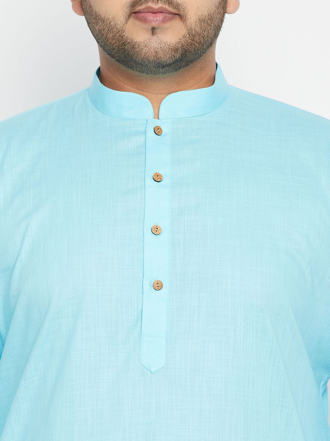 Men's Plus Size Aqua And Beige Cotton Blend Jacket Kurta Pyjama Set