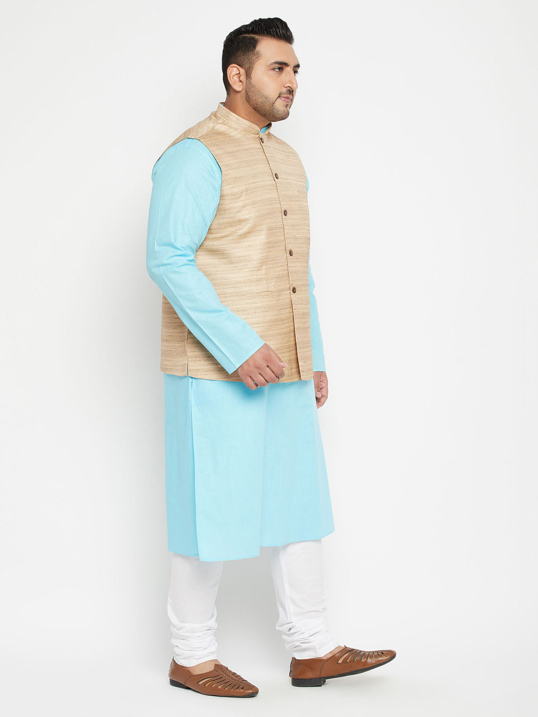 Men's Plus Size Aqua And Beige Cotton Blend Jacket Kurta Pyjama Set