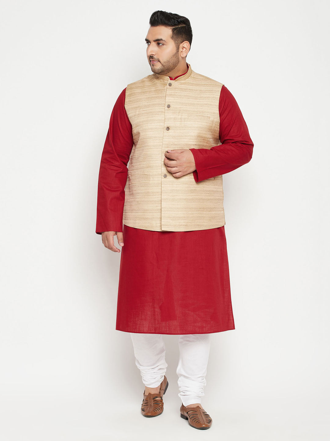 Men's Plus Size Maroon And Beige Cotton Blend Jacket Kurta Pyjama Set