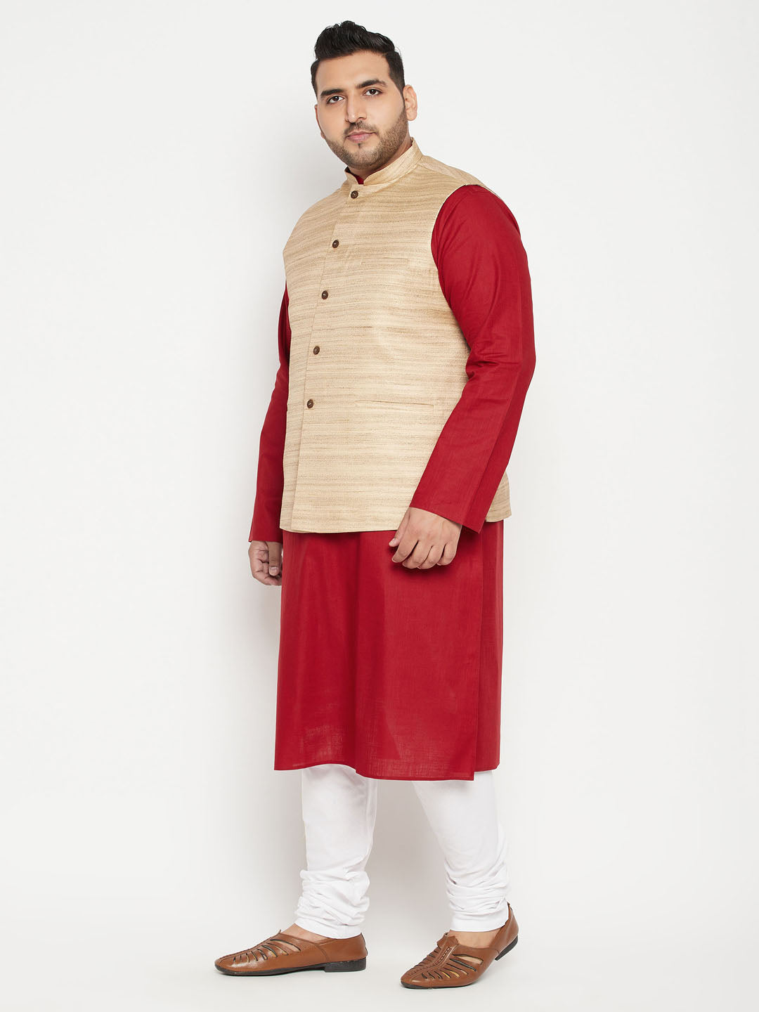 Men's Plus Size Maroon And Beige Cotton Blend Jacket Kurta Pyjama Set