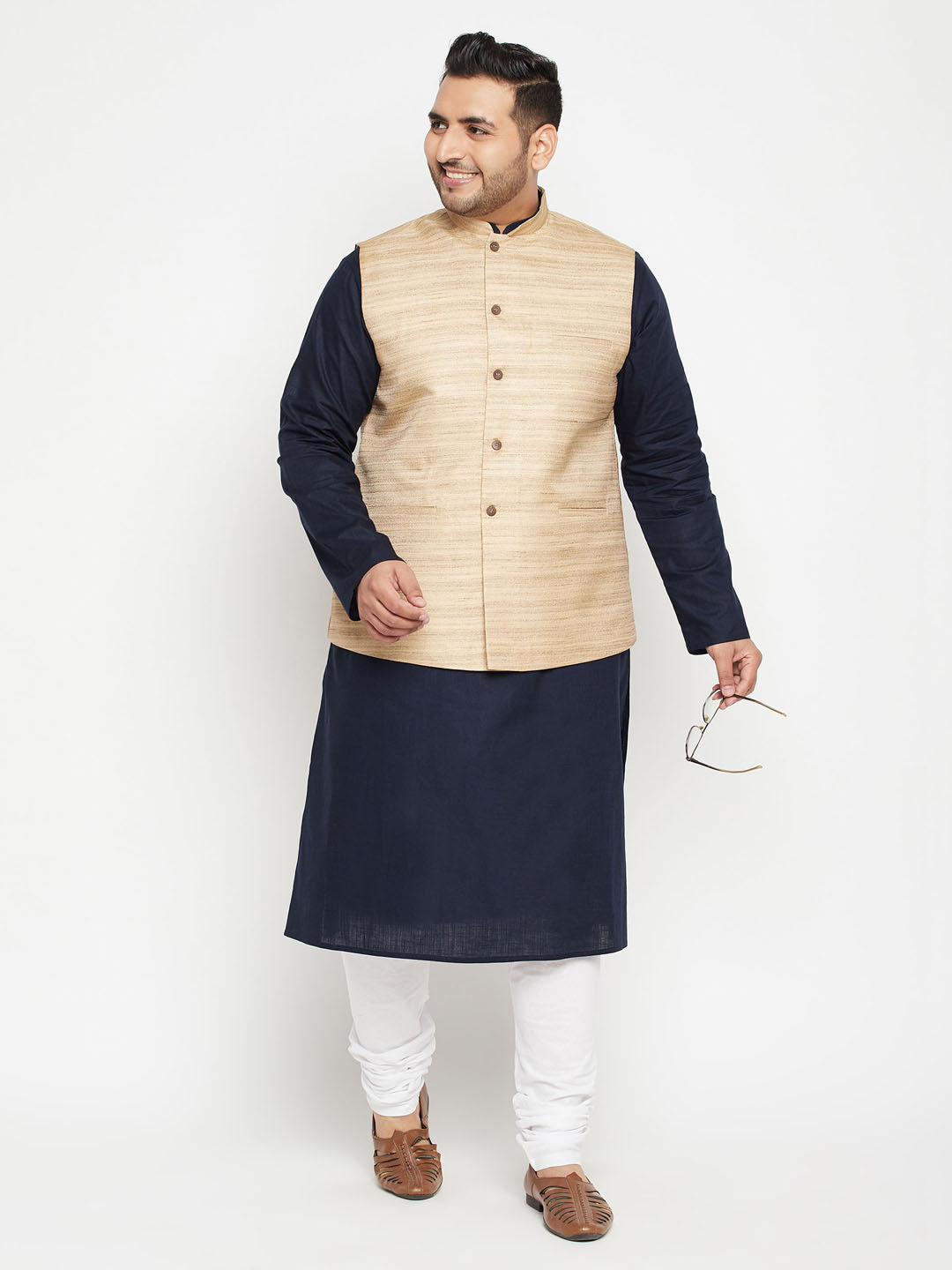 Men's Plus Size Navy Blue And Beige Cotton Blend Jacket Kurta Pyjama Set
