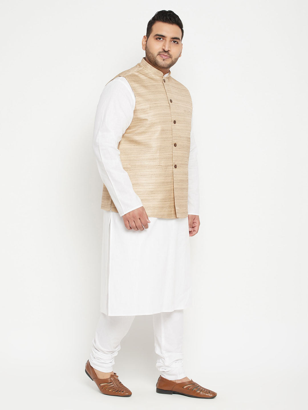 Men's Plus Size White And Beige Cotton Blend Jacket Kurta Pyjama Set