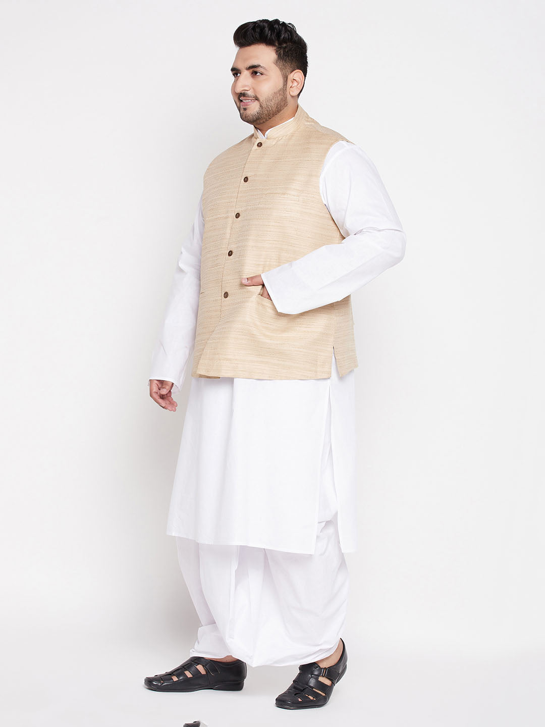 Men's Plus Size Beige Cotton Blend Jacket With White Kurta And Dhoti Set