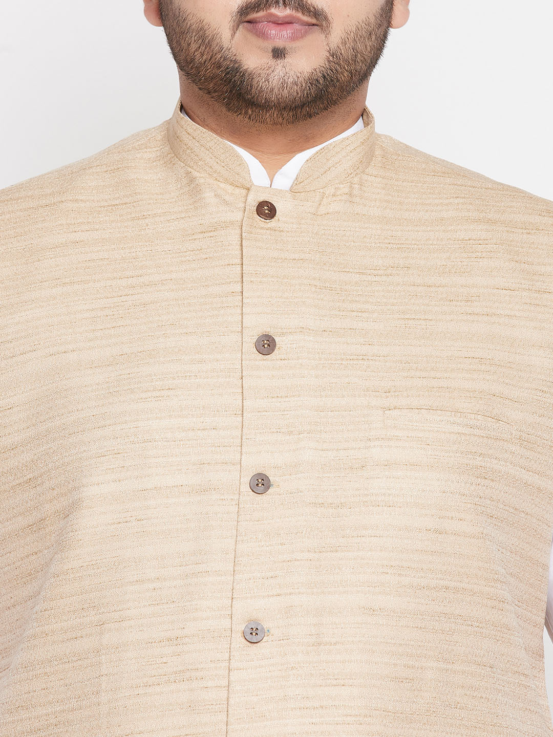 Men's Plus Size Beige Cotton Blend Jacket With White Kurta And Dhoti Set