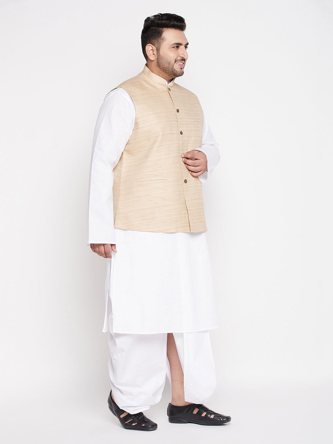 Men's Plus Size Beige Cotton Blend Jacket With White Kurta And Dhoti Set