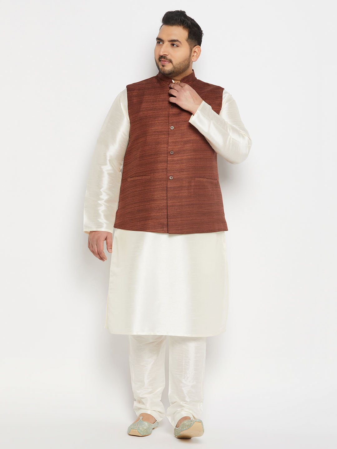 Men's Plus Size Coffee Matka Silk Nehru Jacket With Cream Silk Blend Kurta And Pant Style Pyjama Set