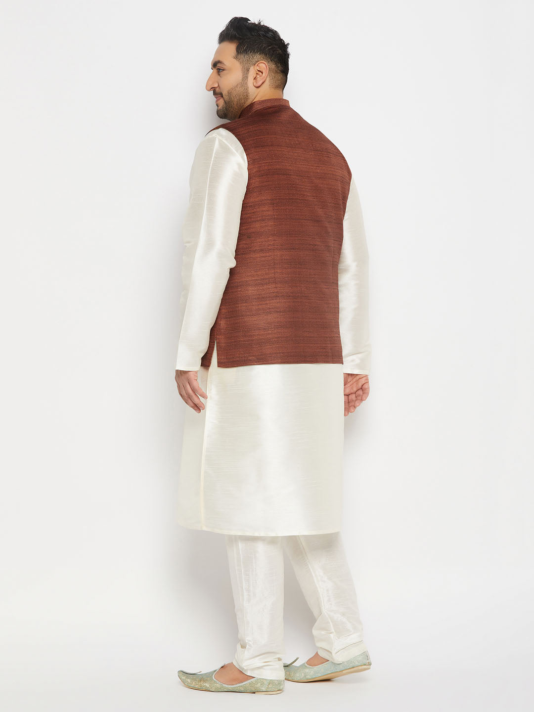 Men's Plus Size Coffee Matka Silk Nehru Jacket With Cream Silk Blend Kurta And Pant Style Pyjama Set