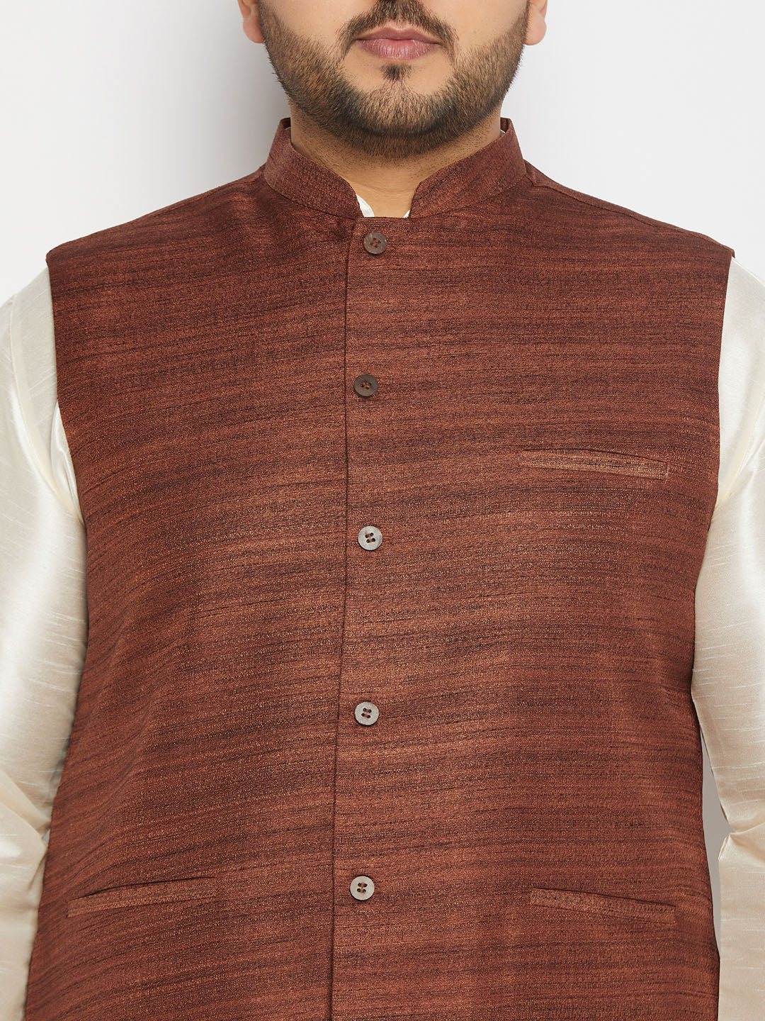Men's Plus Size Coffee Matka Silk Nehru Jacket With Cream Silk Blend Kurta And Pant Style Pyjama Set