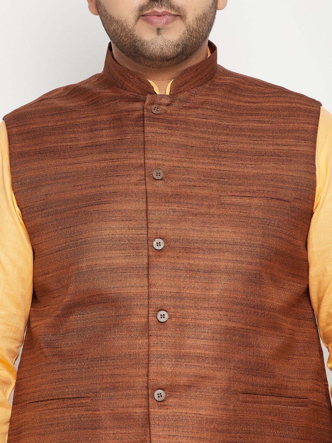 Men's Plus Size Fawn And Coffee Brown Cotton Blend Jacket Kurta Pyjama Set