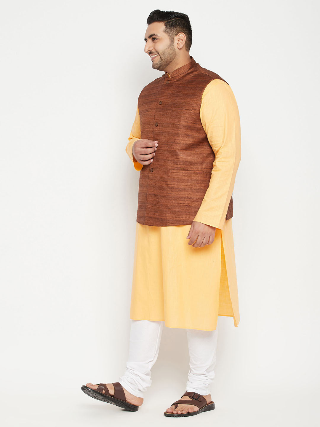 Men's Plus Size Fawn And Coffee Brown Cotton Blend Jacket Kurta Pyjama Set