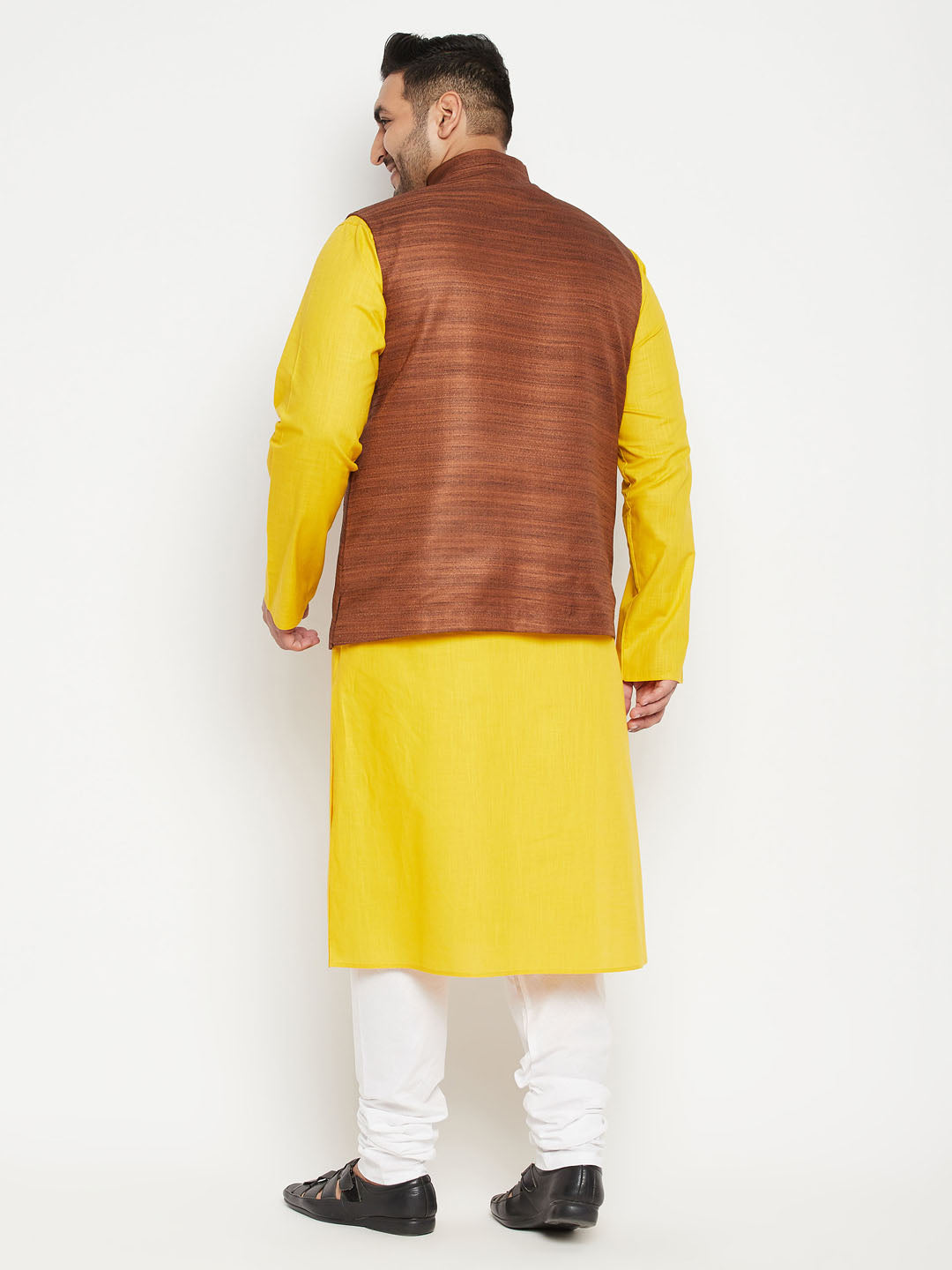 Men's Plus Size Mustard And Coffee Brown Cotton Blend Jacket Kurta Pyjama Set