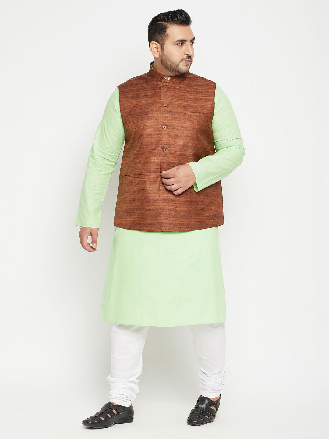 Men's Plus Size Mint Green And Coffee Brown Cotton Blend Jacket Kurta Pyjama Set