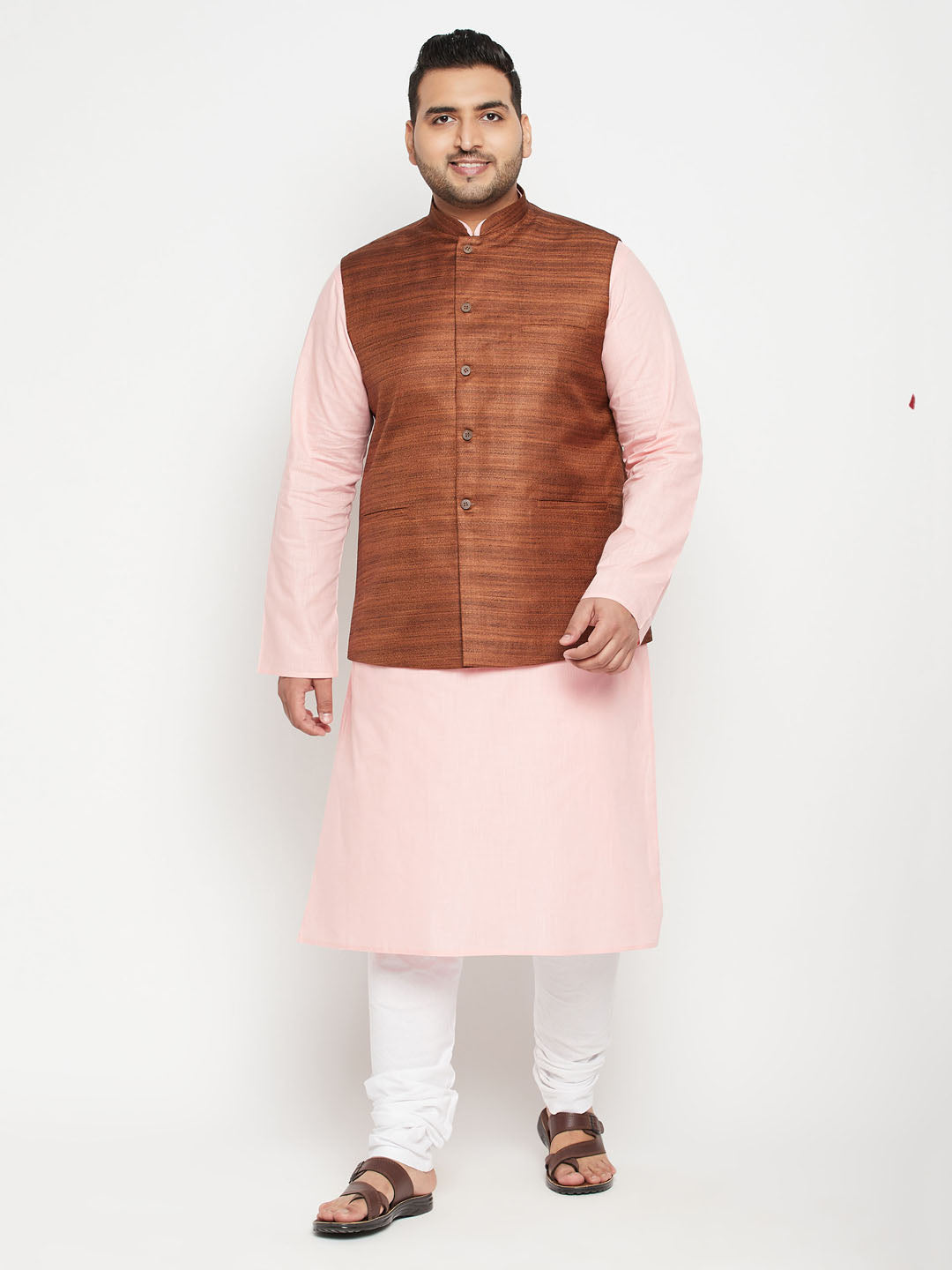 Men's Plus Size Pink And Coffee Brown Cotton Blend Jacket Kurta Pyjama Set