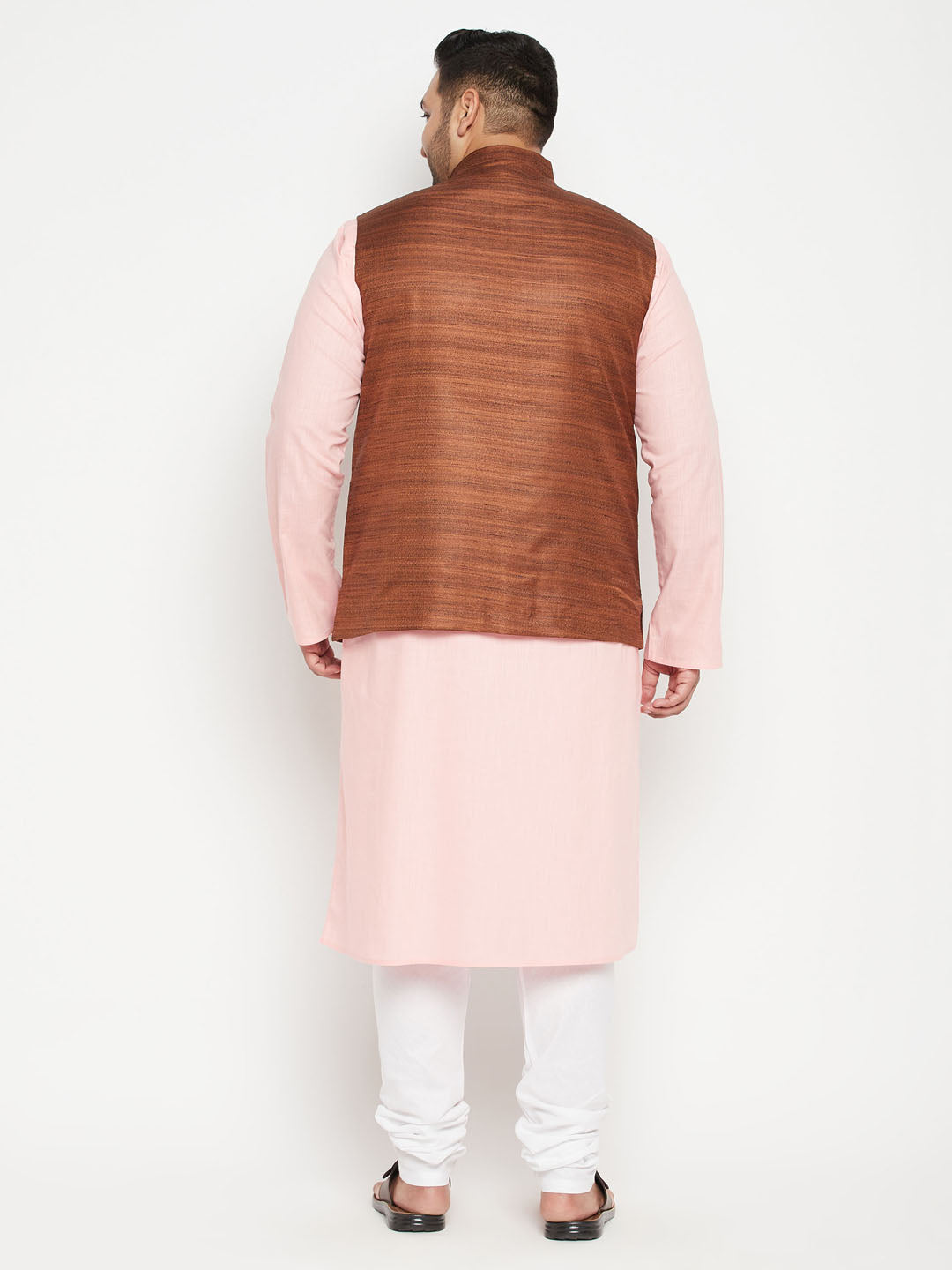 Men's Plus Size Pink And Coffee Brown Cotton Blend Jacket Kurta Pyjama Set