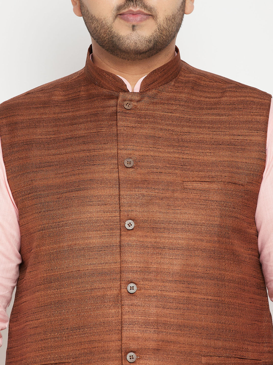 Men's Plus Size Pink And Coffee Brown Cotton Blend Jacket Kurta Pyjama Set