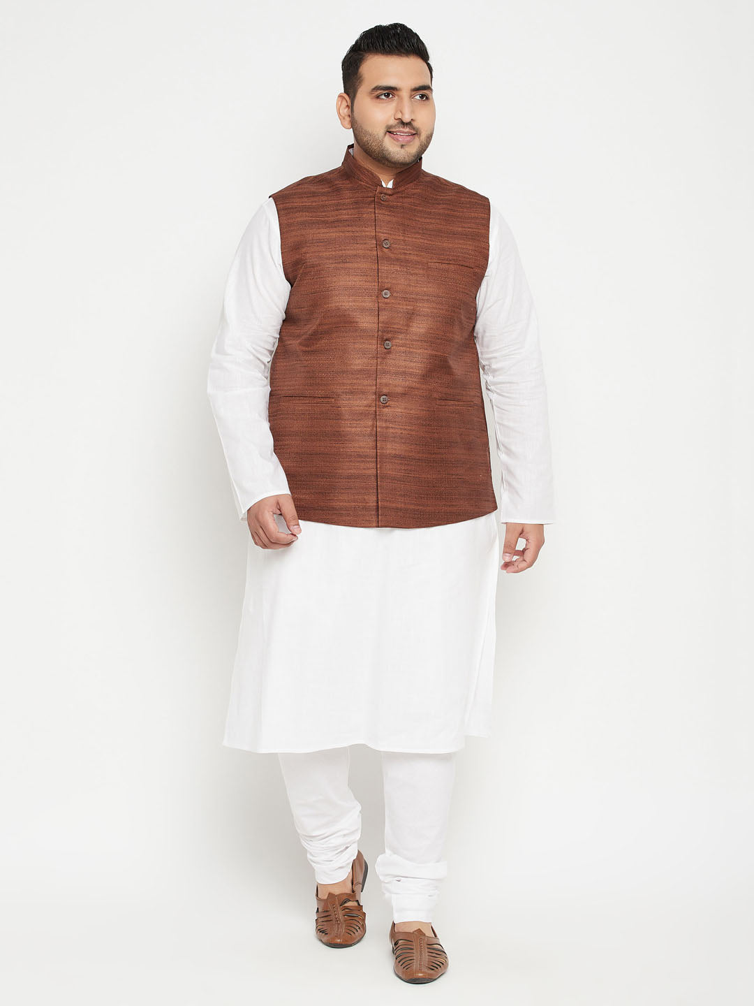 Men's Plus Size White And Coffee Brown Cotton Blend Jacket Kurta Pyjama Set