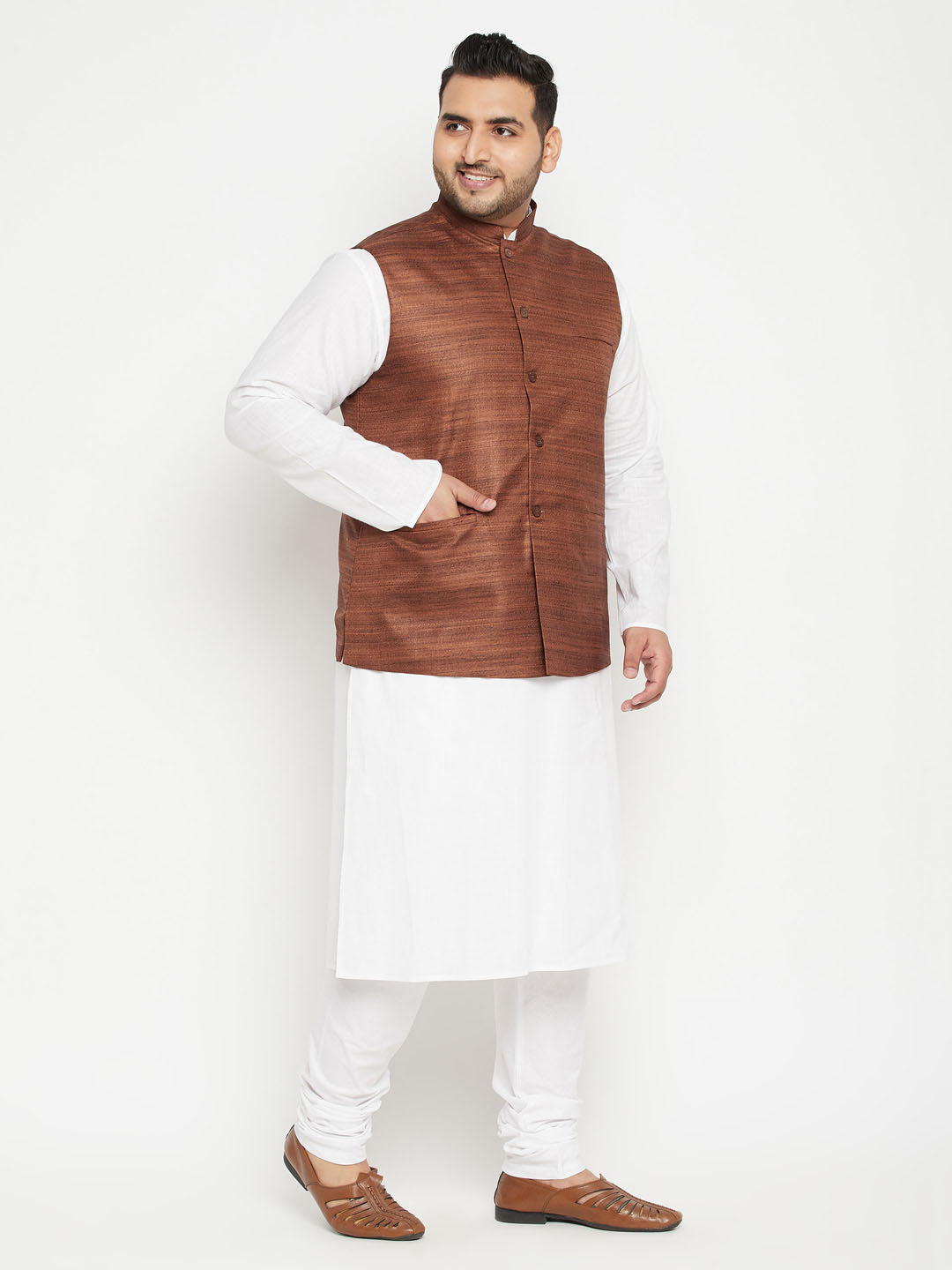 Men's Plus Size White And Coffee Brown Cotton Blend Jacket Kurta Pyjama Set