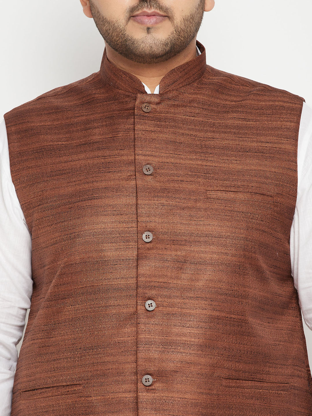 Men's Plus Size White And Coffee Brown Cotton Blend Jacket Kurta Pyjama Set