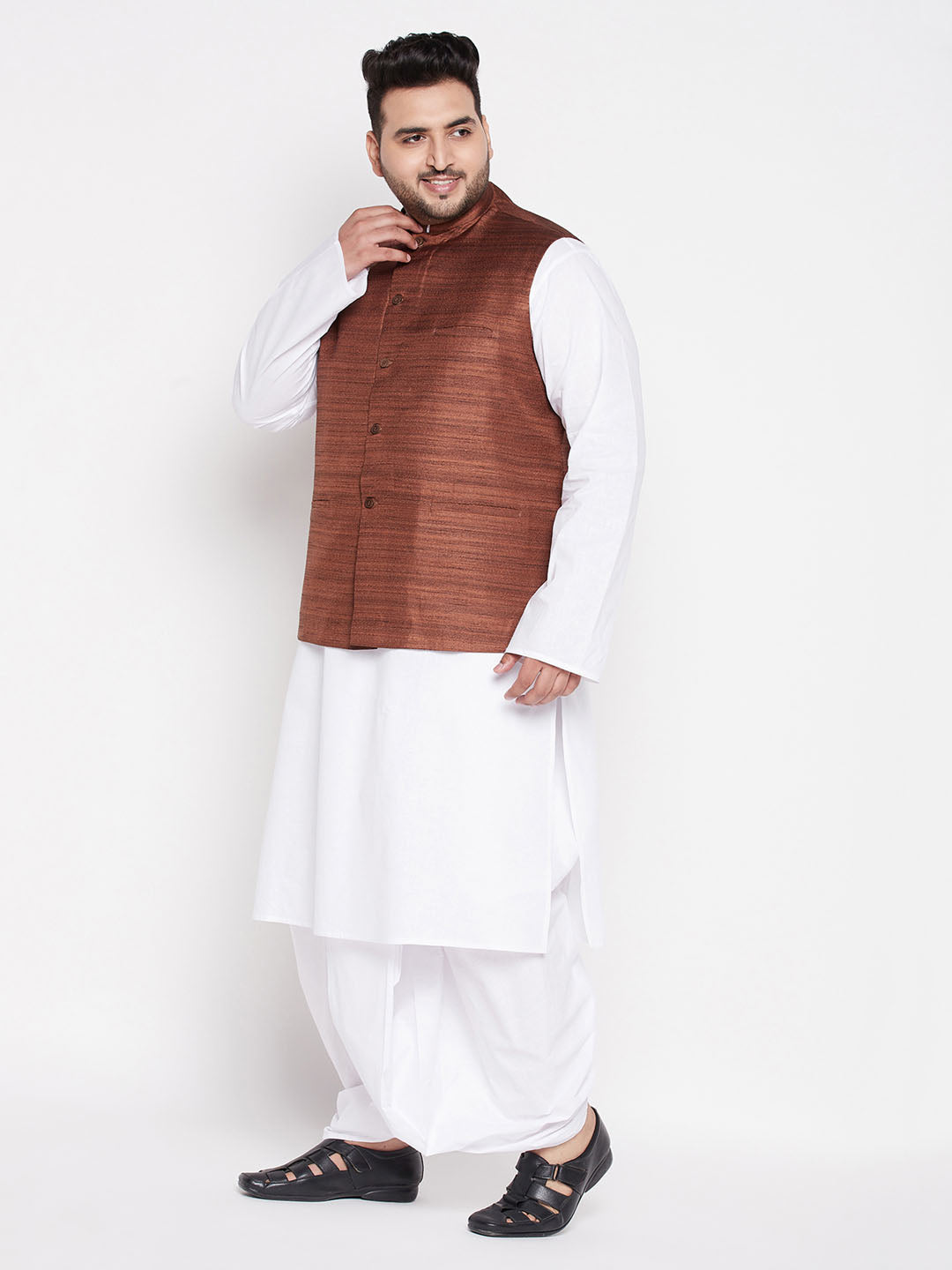 Men's Plus Size Coffee Cotton Blend Jacket With White Kurta And Dhoti Set