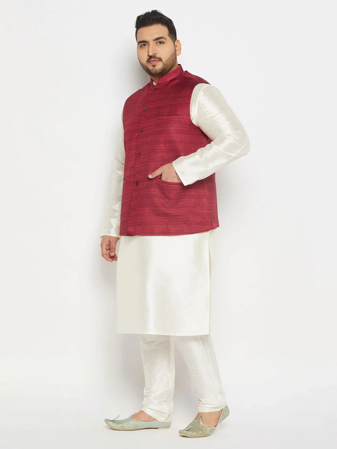 Men's Plus Size Maroon Matka Silk Nehru Jacket With Cream Silk Blend Kurta And Pant Style Pyjama Set