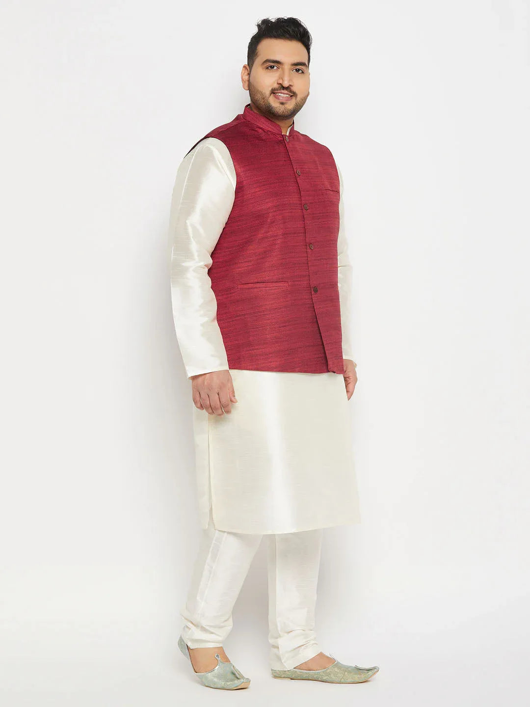 Men's Plus Size Maroon Matka Silk Nehru Jacket With Cream Silk Blend Kurta And Pant Style Pyjama Set