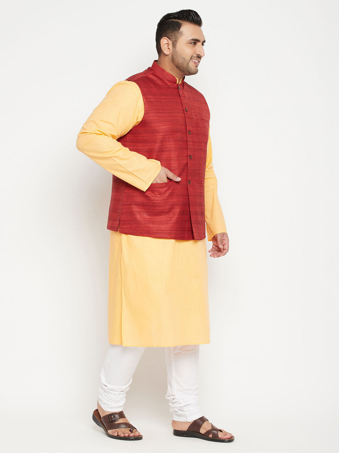 Men's Plus Size Fawn And Maroon Cotton Blend Jacket Kurta Pyjama Set