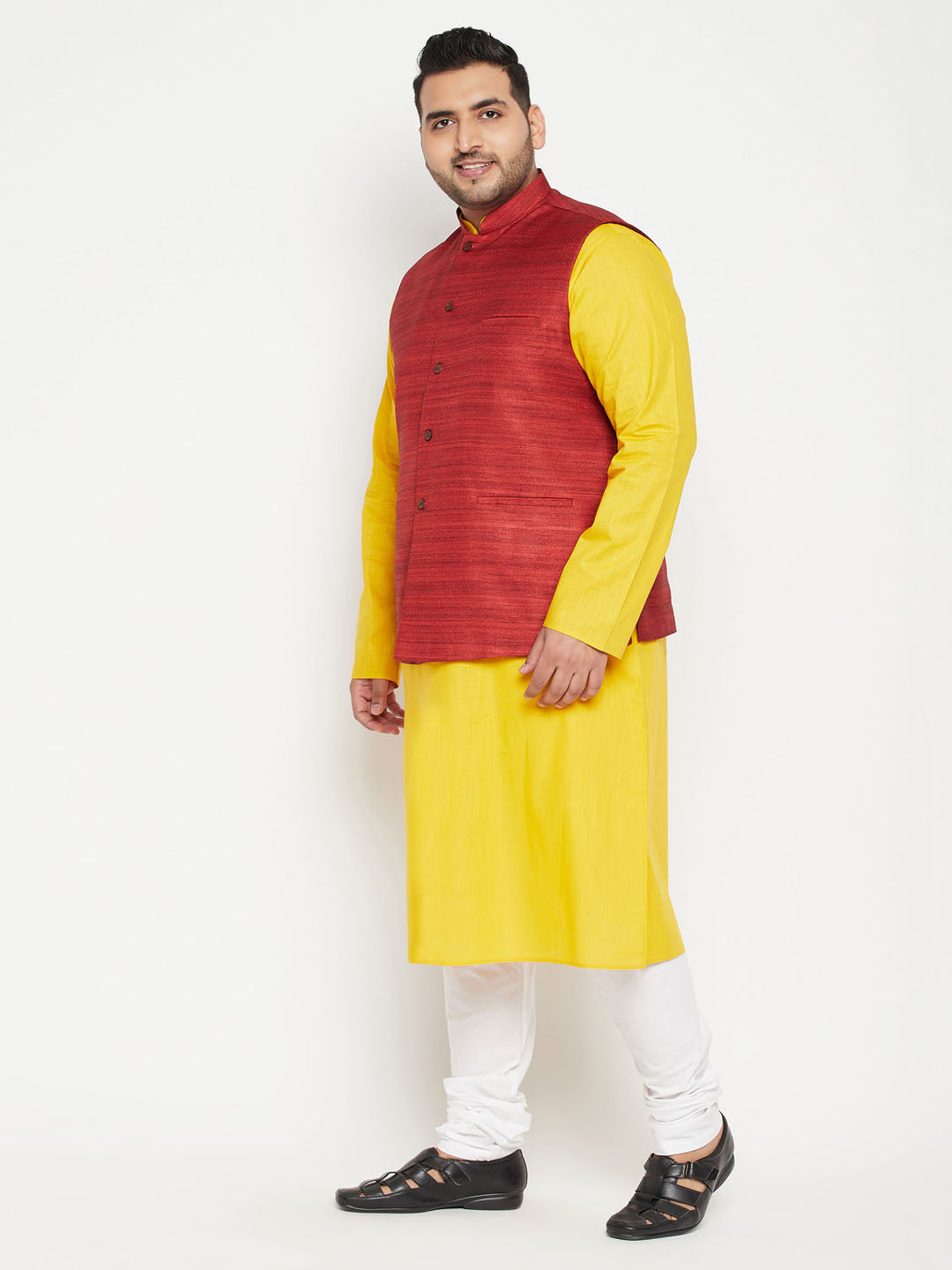 Men's Plus Size Mustard And Maroon Cotton Blend Jacket Kurta Pyjama Set