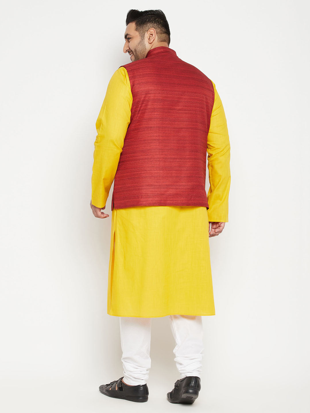 Men's Plus Size Mustard And Maroon Cotton Blend Jacket Kurta Pyjama Set