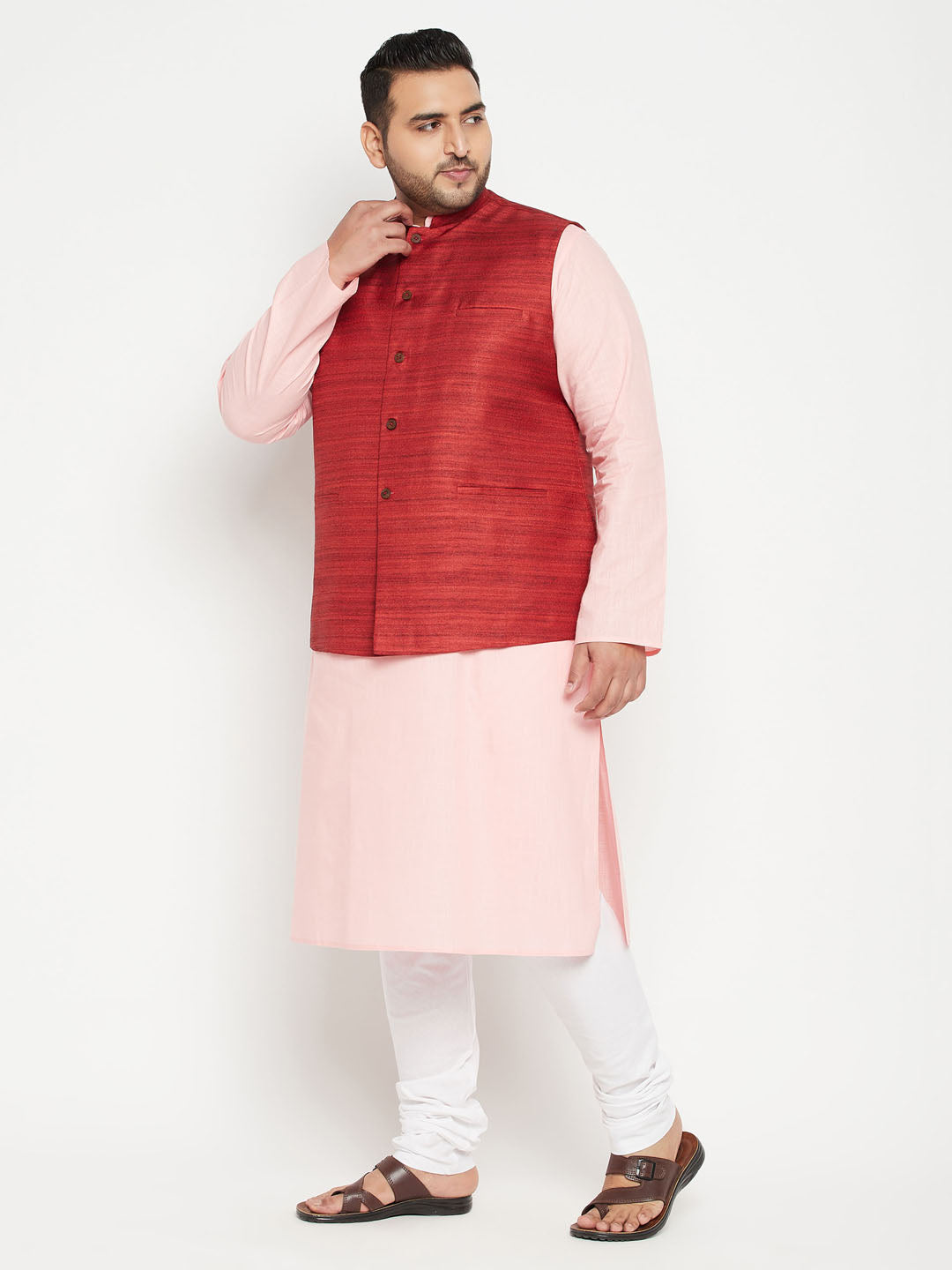Men's Plus Size Pink And Maroon Cotton Blend Jacket Kurta Pyjama Set