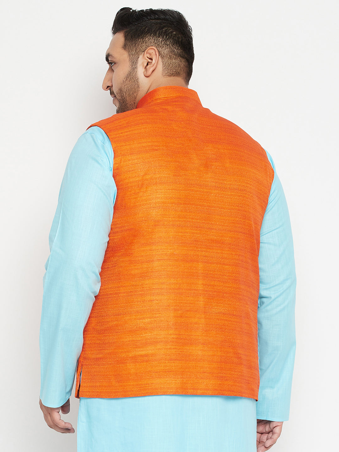 Men's Plus Size Orange Matka Silk Textured Nehru Jacket