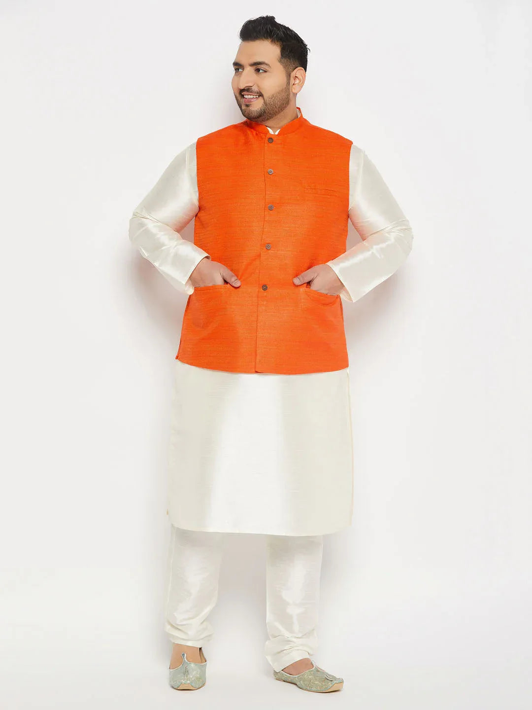 Men's Plus Size Orange Matka Silk Nehru Jacket With Cream Silk Blend Kurta And Pant Style Pyjama Set