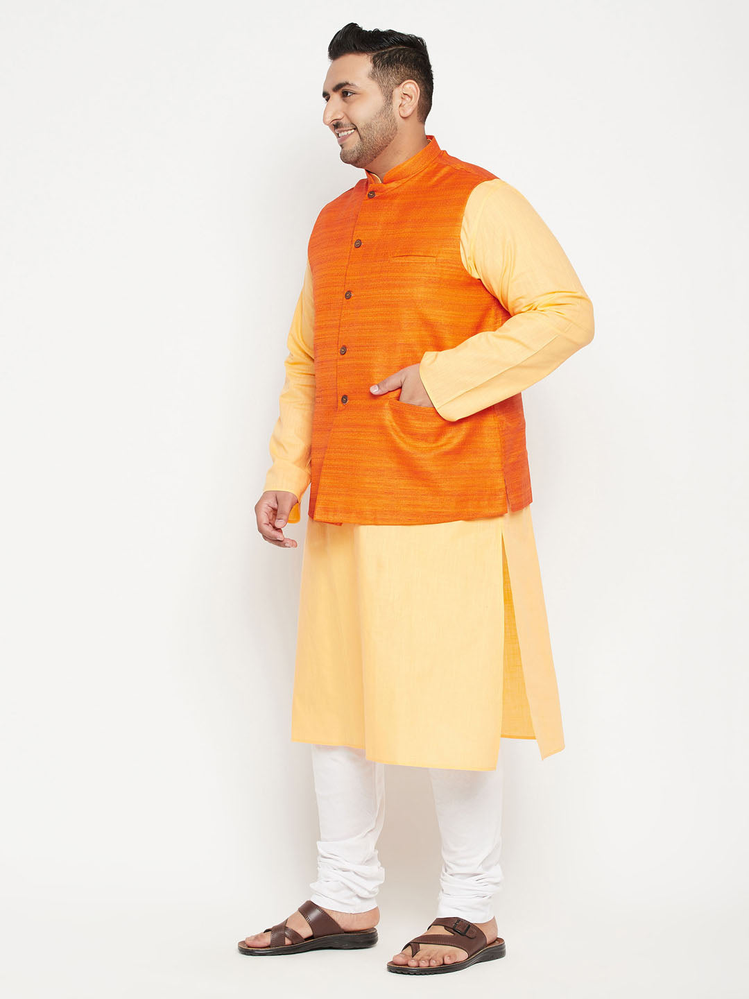 Men's Plus Size Fawn And Orange Cotton Blend Jacket Kurta Pyjama Set