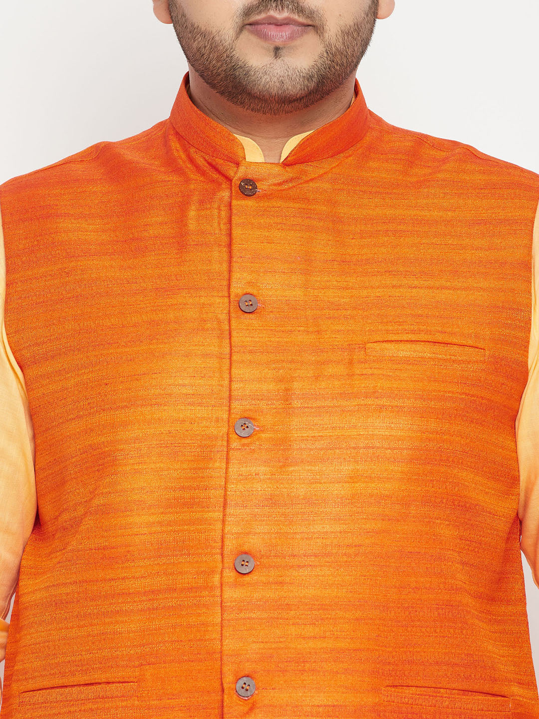 Men's Plus Size Fawn And Orange Cotton Blend Jacket Kurta Pyjama Set