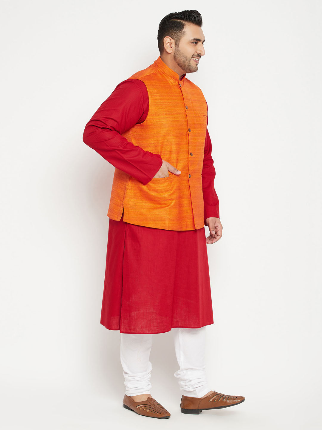 Men's Plus Size Maroon And Orange Cotton Blend Jacket Kurta Pyjama Set