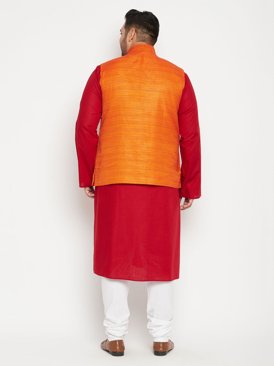 Men's Plus Size Maroon And Orange Cotton Blend Jacket Kurta Pyjama Set
