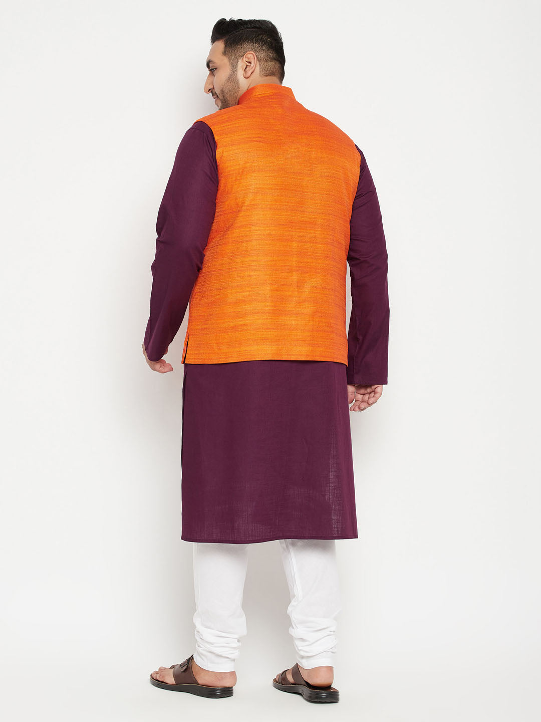 Men's Plus Size Purple And Orange Cotton Blend Jacket Kurta Pyjama Set