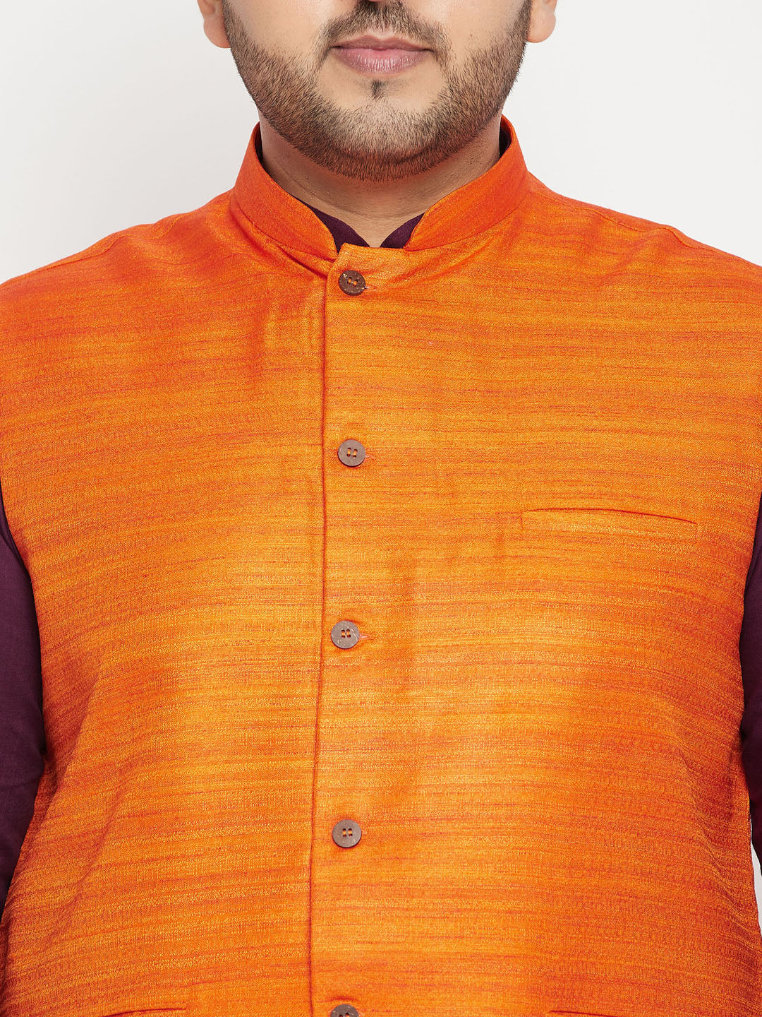 Men's Plus Size Purple And Orange Cotton Blend Jacket Kurta Pyjama Set